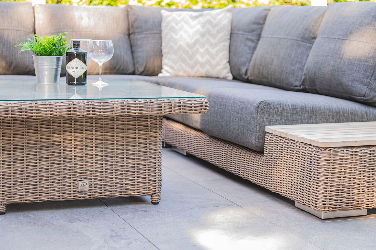 4 Seasons Outdoor Kingston Full Teak Corner Set with 90cm Hi Lo Denver Table | Shackletons