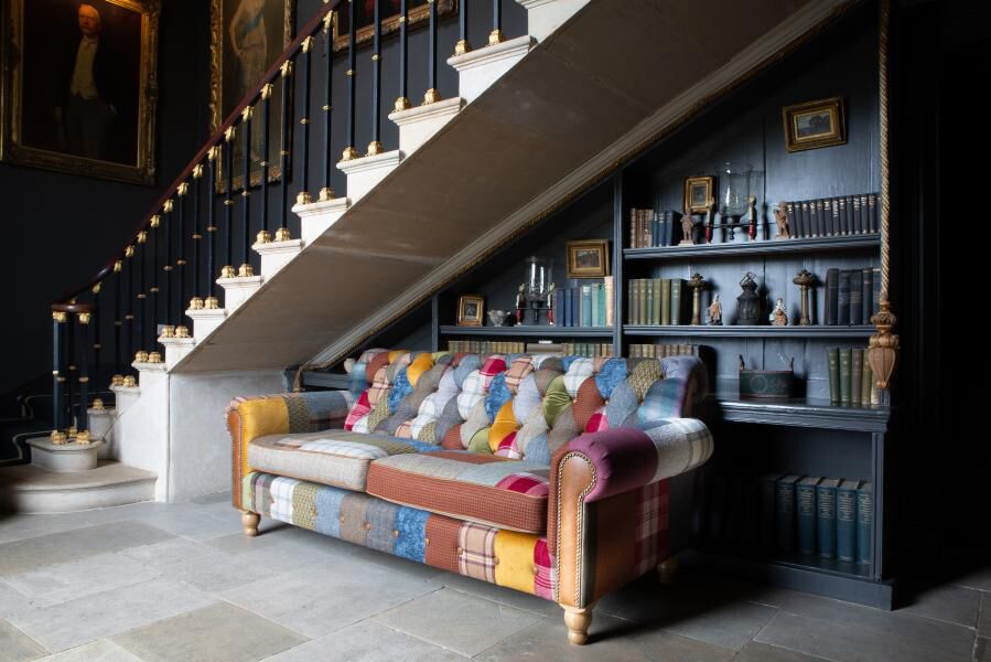 Dickinson 2 Seat Large Sofa In Patchwork & Tan Leather With Mid Oak Legs