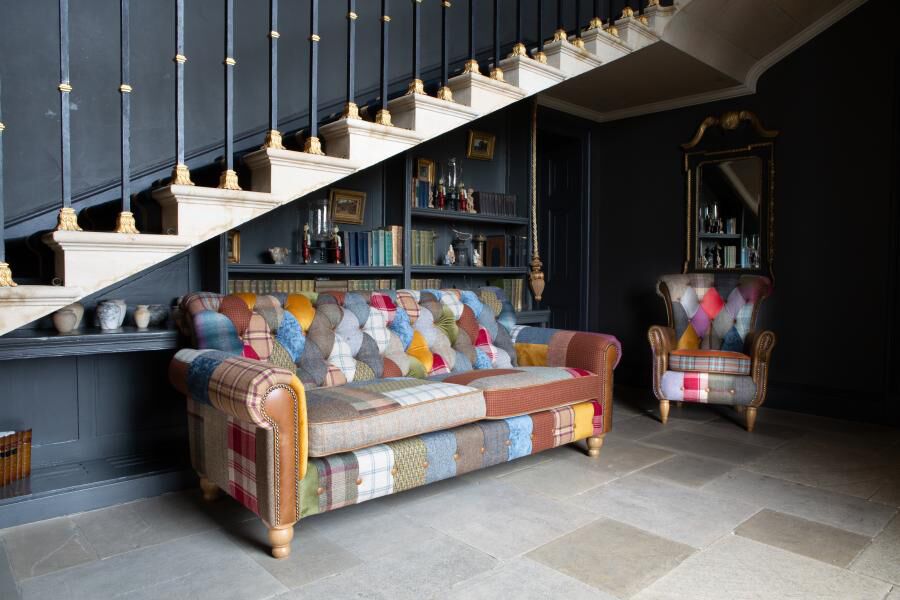 Dickinson 2 Seat Medium Sofa In Patchwork & Tan Leather With Mid Oak Legs