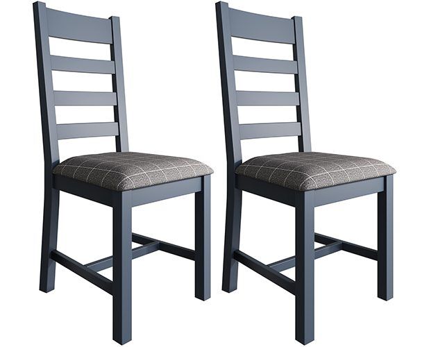 Pair of Kettle Interiors Parker Dining Blue Slatted Chairs with Fabric Seat in Check Grey | Shackletons