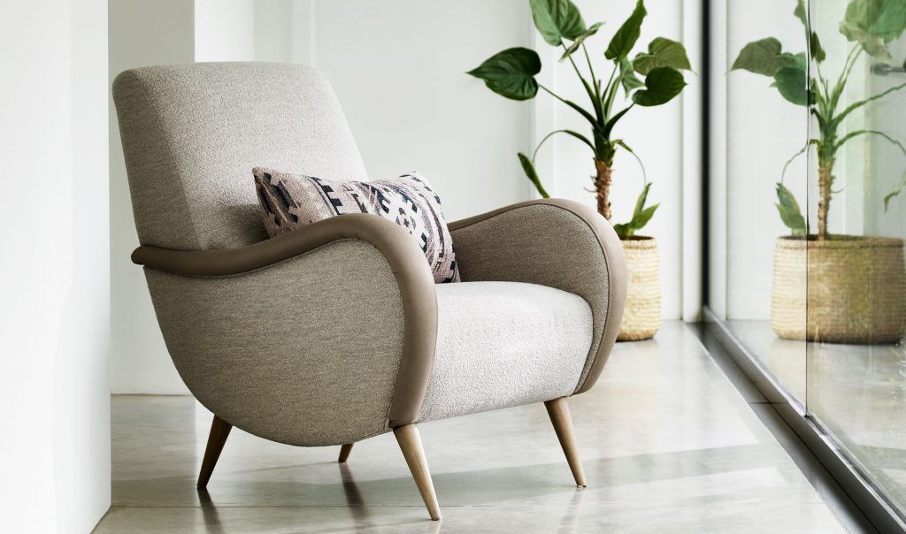 Alexander James Lonnie Chair in Wild Natural Fabric and Soul Taupe Leather | Shackletons