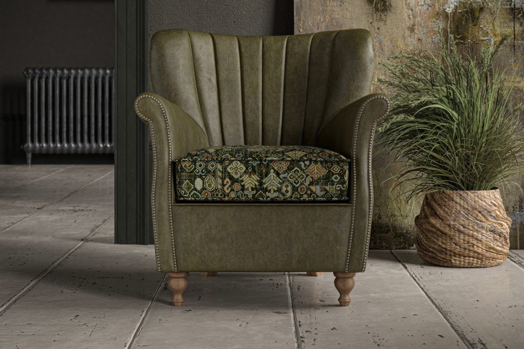 Alexander James Percy Chair in Kodak Palm Leather and Cleo Moss Fabric | Shackletons