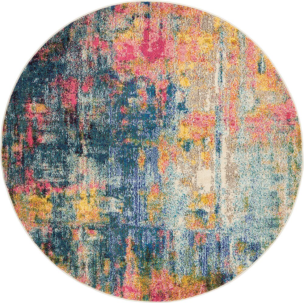 Nourison Rugs Celestial Round Rug 122m x 122m in Blue Yellow | Shackletons