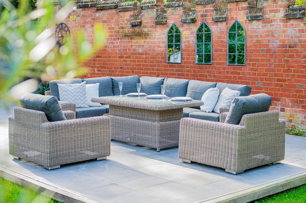 4 Seasons Outdoor Kingston Corner Set with 150cm x 90cm Hi Lo Nest Table and 2 Armchairs | Shackletons