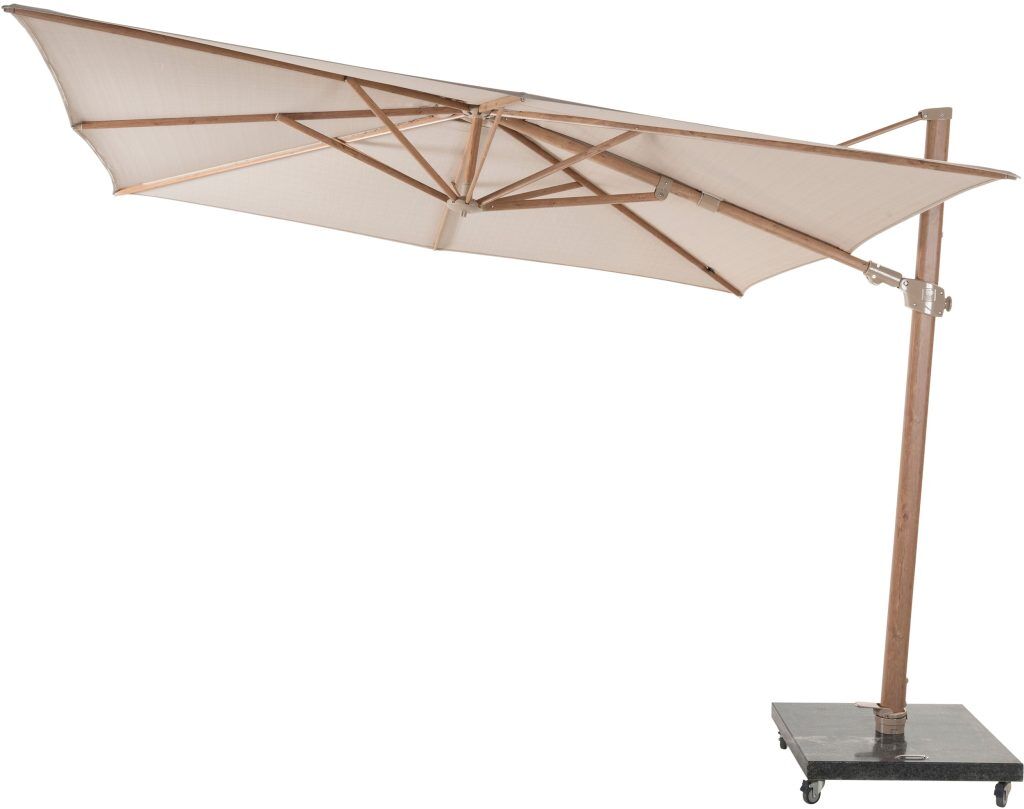 4 Seasons Outdoor Siesta Premium 3m Square Sand Wood Look Frame Parasol with 125kg Granite Base and Wheels | Shackletons