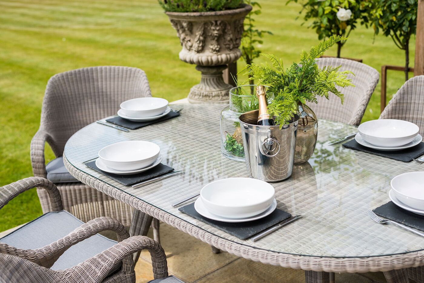 4 Seasons Outdoor Sussex 180cm Oval 6 Seat Dining Set in Polyloom Pebble