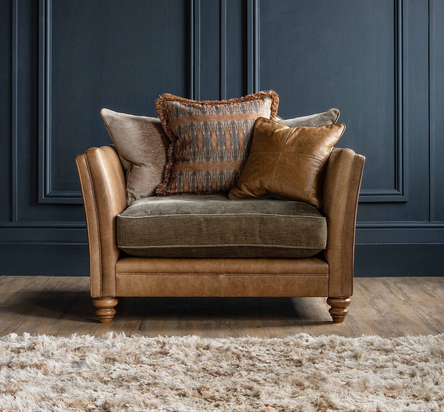 Alexander & James Lomund Snuggler Pillow Back Sofa in Satchel Biscotti and Berlin Lichen