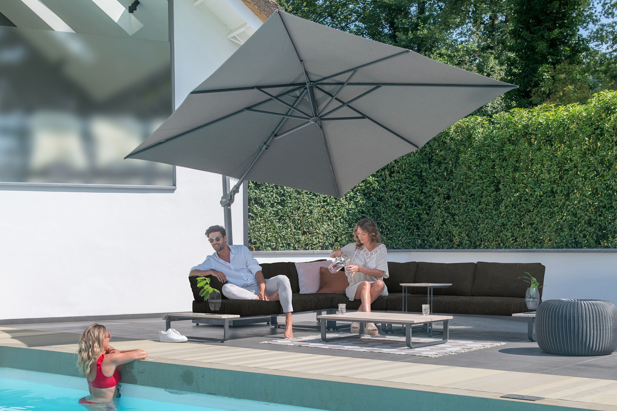 4 Seasons Outdoor Siesta 3m Square Charcoal Parasol with 125kg Granite Base and Wheels