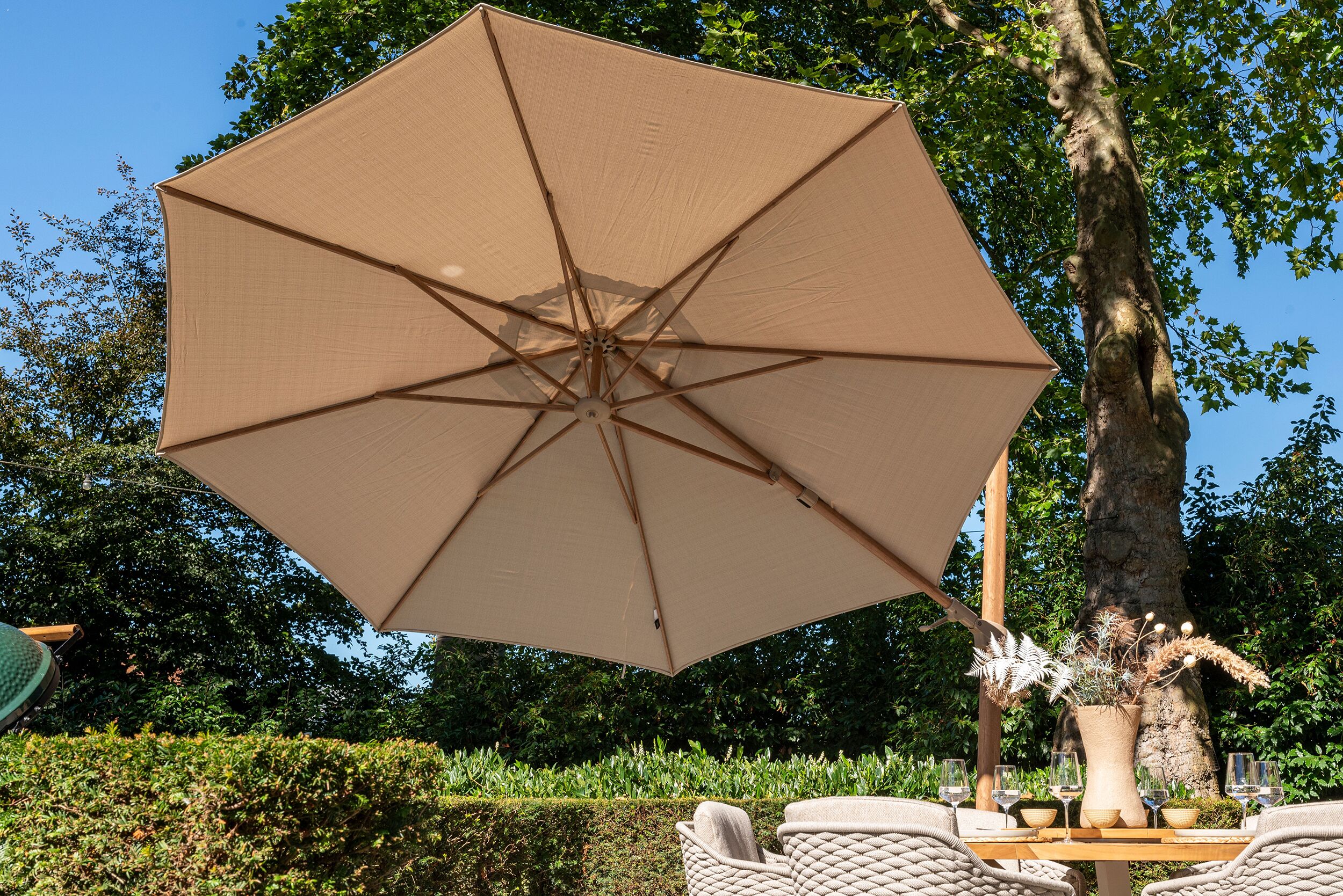 4 Seasons Outdoor Siesta Premium 3.5m Round Sand Wood Look Frame Parasol with 125kg Granite Base and Wheels