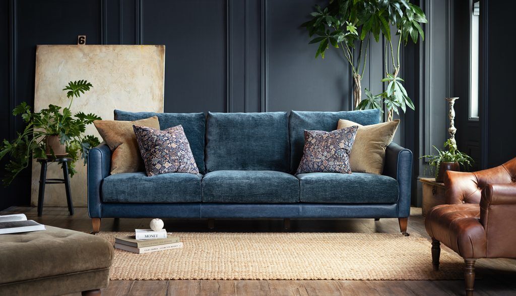 Alexander  James Mayfield 4 Seater Sofa in Kodak Blue leather and Berlin Prussian Fabric | Shackletons