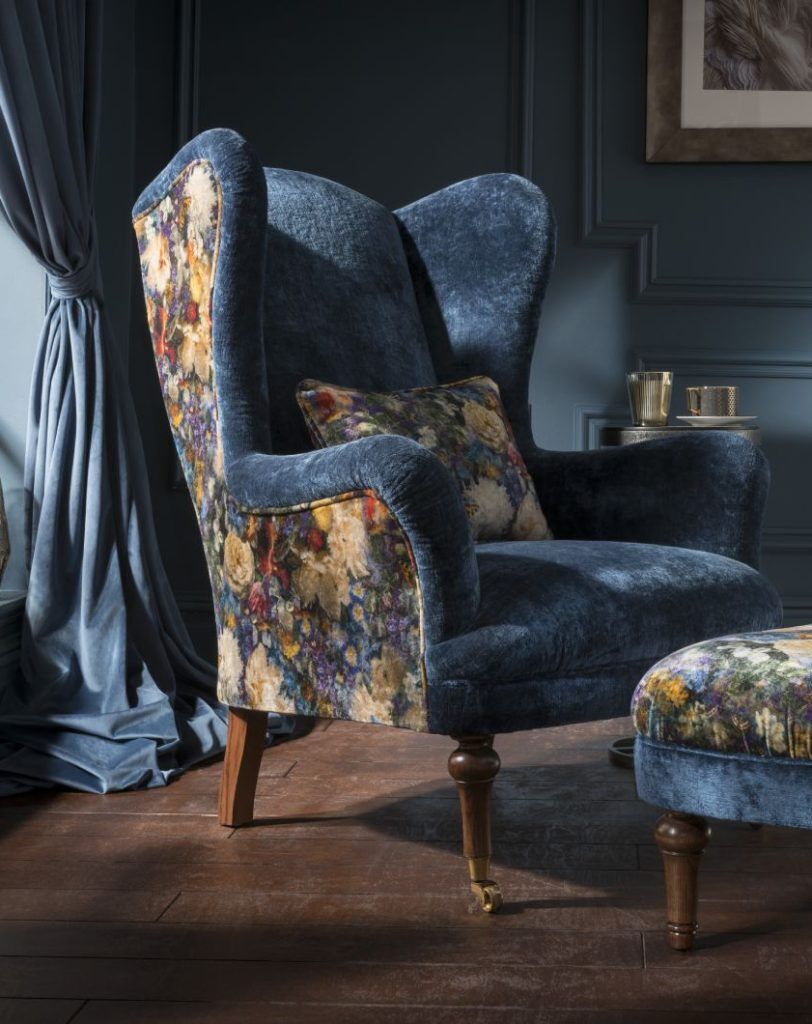 Spink  Edgar Crawford Wing Chair shown in Allure Azure and Royal Garden Sapphire | Shackletons
