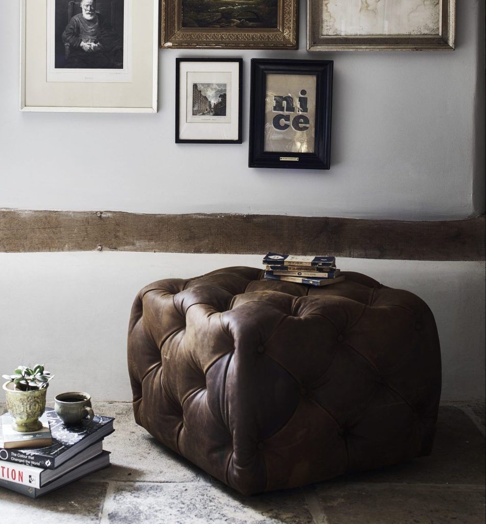 Alexander  James Button Small Footstool in Jin Brown Leather | Shackletons