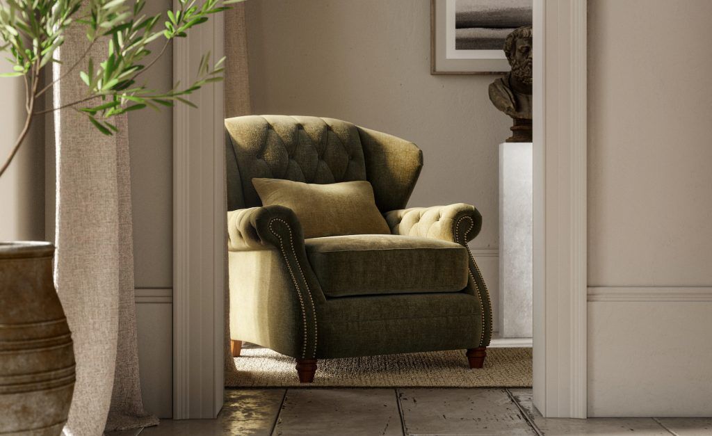 Alexander  James Stax Wing Chair in Oasis Sage Fabric | Shackletons
