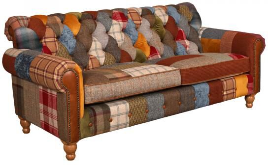 Dickinson 2 Seat Medium Sofa In Patchwork  Tan Leather With Mid Oak Legs | Shackletons