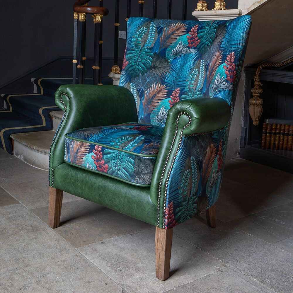 Vintage Sofa Company Hexham Chair in Kingfisher Fabric and Bottle Green Leather | Shackletons