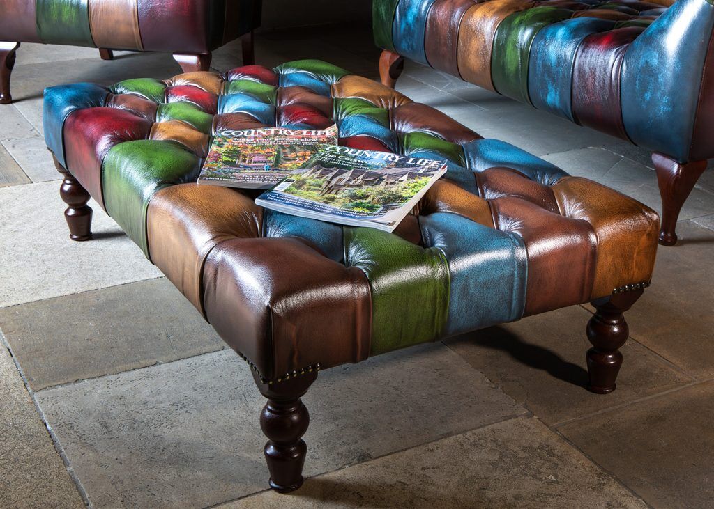 Vintage Sofa Company Rub Off Leather Patchwork Banquette Footstool | Shackletons